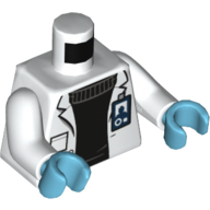 Lego Torso Lab Coat, Black Sweater, ID Badge Print, White Arms, Medium Azure Hands / White