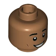Minifig Head Dean Thomas, Eyebrows, Reddish Brown Cheek Lines, Wide Grin Print [Hollow Stud] / Medium Nougat