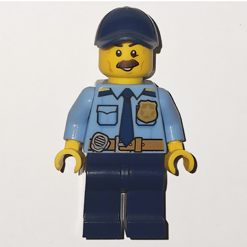 Lego Policeman, Bright Light Blue Shirt with Dark Blue Tie, Badge, and Radio on Belt, Dark Blue Cap, Moustache