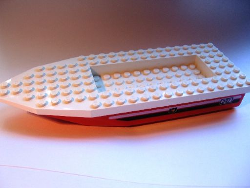 Lego Boat, Hull Unitary 22 x 8 x 2 1/3 with White Top with Number 327 and Fire Logo on Black and White Stripes Pattern on Both Sides (71958pb01 / 30255)