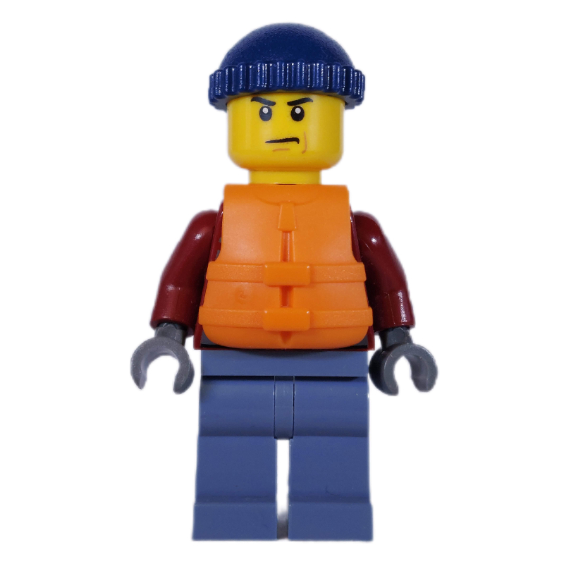 Lego Marine Explorer, Dark Red Jacket, Sand Blue Legs, Dark Blue Hat, Orange Life Vest