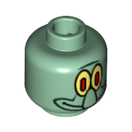 Lego Minifig Head Squidward, Large Nose and Yellow Eye / White Eye Print [Blocked Open Stud] / Sand Green