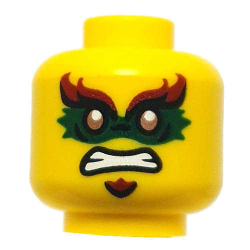 Lego Minifig Head Acronix, Gold Eyes, Dark Green/Dark Red Eye Mask, Goatee, Smile/Angry / Yellow