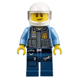 Policeman in Vest with Gold Badge, Radio, and Pockets. White Helmet with Trans-Clear Visor