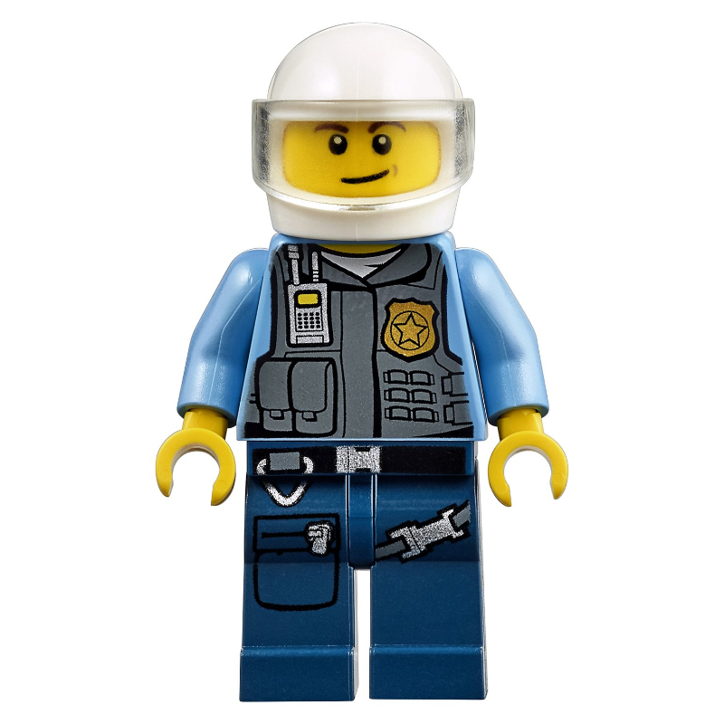 Lego Policeman in Vest with Gold Badge, Radio, and Pockets. White Helmet with Trans-Clear Visor
