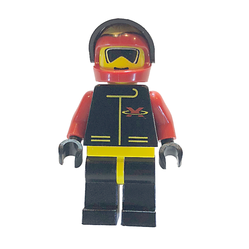 Lego Racer, Extreme Team, Black Jacket, Red Helmet with Flames and Visor, Sunglasses