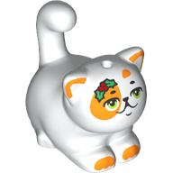 Lego Animal, Cat, Chubby with Orange Spots, Olive Green Eyes, Smile, Holly Leaves print (Churro) / White