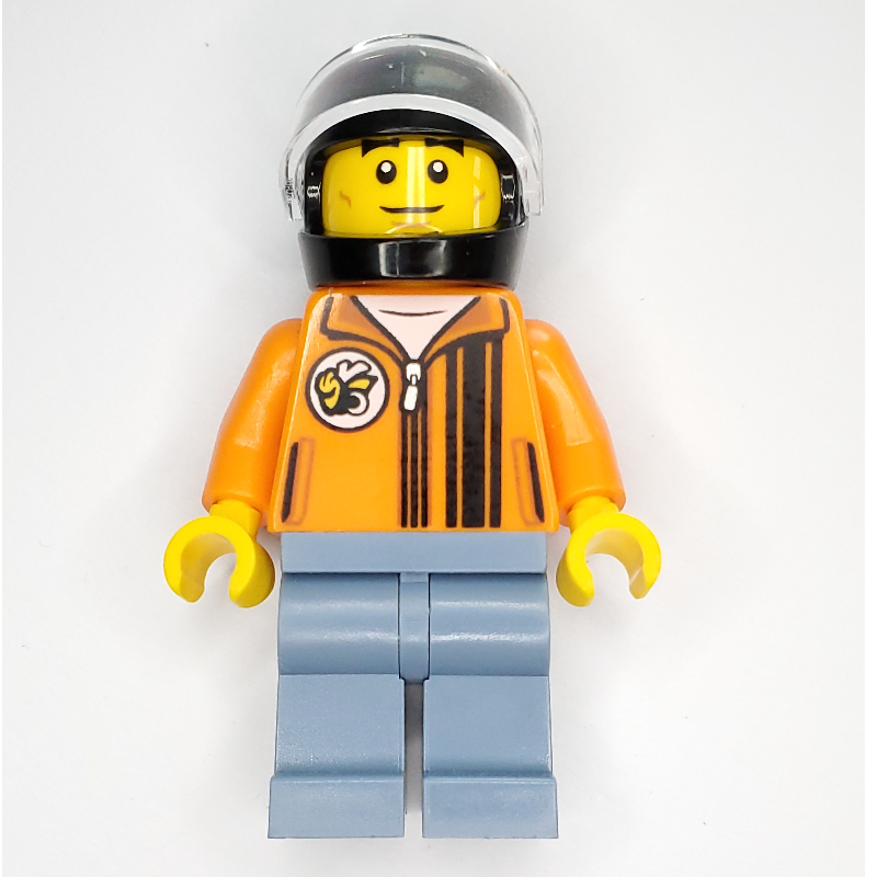 Lego Race Driver - Orange Torso, Sand Blue Legs, Black Helmet