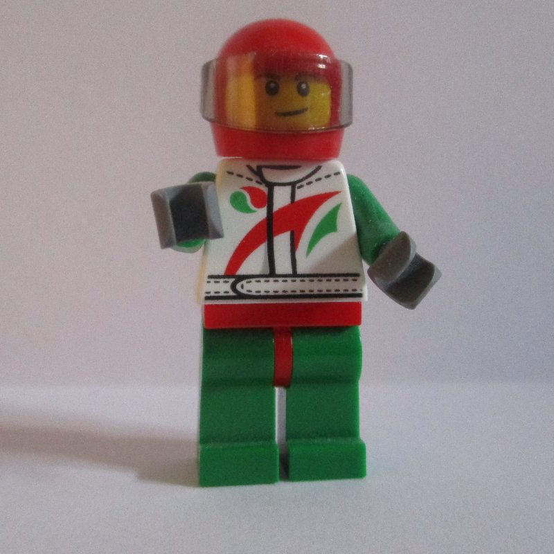 Lego Racer, White, Green, and Red Jumpsuit, Red Helmet with Visor