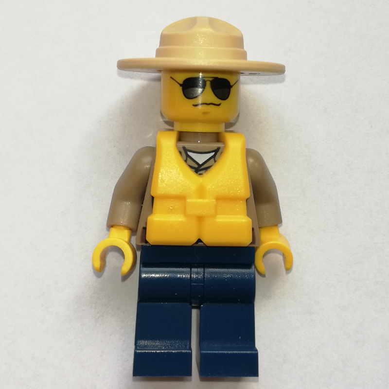 Lego Forest Police / Ranger, Dark Tan Shirt with Radio and Badge, Dark Blue Legs, Tan Campaign Hat, Yellow Life Vest, Sunglasses