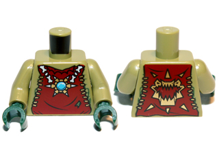Lego Torso Dark Red Vest with Star Shaped Necklace with Blue Round Jewel (Chi), Back with Gold Crocodile Jaws Pattern / Olive Green Arms / Dark Green Hands
