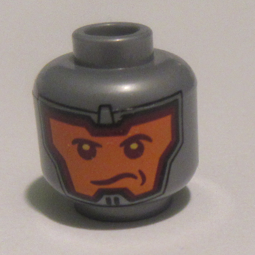 Lego Minifig Head Royal Guard / Soldier, Dual Sided, Balaclava, Orange Face, Dark Red Eyebrows, Determined / Open Mouth Scowl Print [Hollow Stud] / Flat Silver