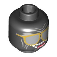 Lego Minifig Head Garmadon, Sunglasses with Gold Frames, Light Bluish Gray Wrinkles, Open Mouth Smile with Fangs and Red Tongue Print / Black