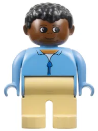 Duplo Figure, Male, Tan Legs, Blue Zippered Jacket, Black Curly Hair, Brown Head