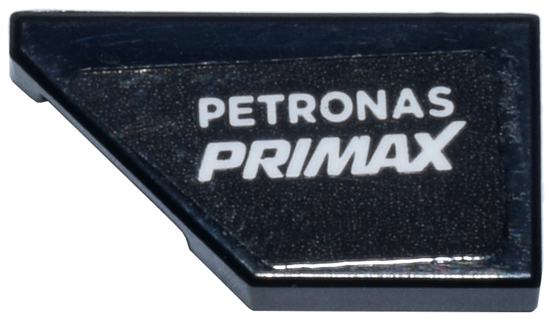 Lego Tile, Modified 1 x 2 Wedge Left with White 'PETRONAS PRIMAX' Logo Pattern (Sticker) - Set 77244