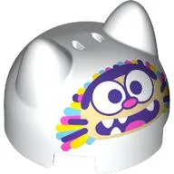 Brick Round 2 x 2 Dome Top with 2 Ears with Tan Cat Face, White Eyes, Dark Pink Nose, Dark Purple Eyebrows, Mouth, Yellow/Medium Blue/Dark Pink/Dark Purple Streaks Print / White