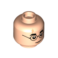 Lego Minifig Head Harry Potter, Round Glasses, Lightning Scar, Smile / Bent Glasses print / Light Nougat