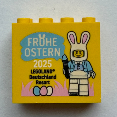 Lego Brick 2 x 4 x 3 with 'FROHE OSTERN 2025 LEGOLAND Deutschland Resort' print / Yellow