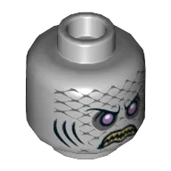 Minifig Head Sharx, Purple Eyes, Yellow Teeth, Scales and Gills Print [Hollow Stud] / Light Bluish Gray