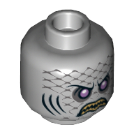 Lego Minifig Head Sharx, Purple Eyes, Yellow Teeth, Scales and Gills Print [Hollow Stud] / Light Bluish Gray