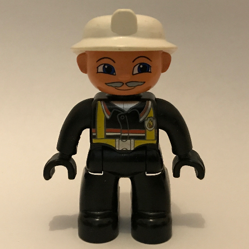 Lego Duplo Figure with Fireman Helmet White, and Gray Mustache, Black Hands / Black