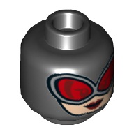 Lego Minifig Head Catwoman, Goggles, Red Glasses, Red Lips, Open Mouth / Closed Mouth Print / Black