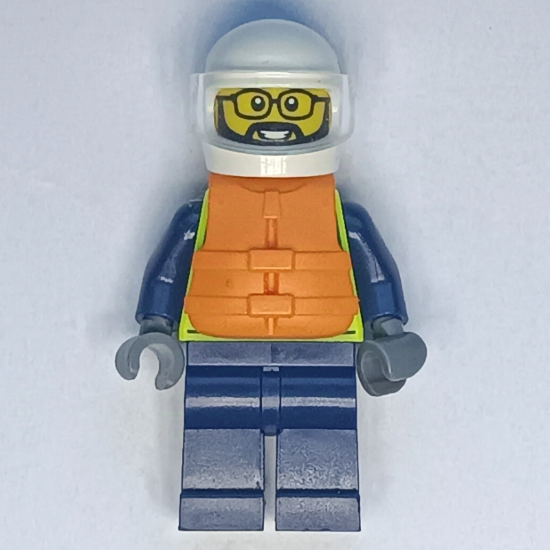 Lego Police Officer, Vibrant Yellow Police Vest, Orange Life Jacket, White Helmet