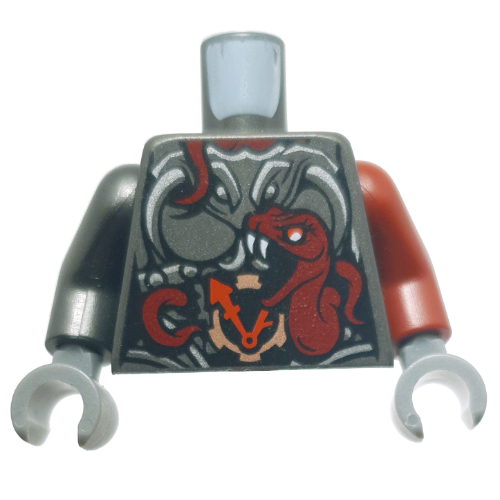 Lego Torso, Odd Arms, Armor, Red Snake and Clock Print, Left Dark Red Arm, Right Pearl Titanium Arm, Dark Bluish Grey Hands / Pearl Titanium