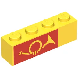 Brick 1 x 4 with Horn on Red Background Print, Left Side / Yellow