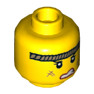 Lego Minifig Head Roxxi, Female, Scars, Robe Headband, Crooked Grin, Teeth Print [Hollow Stud] / Yellow