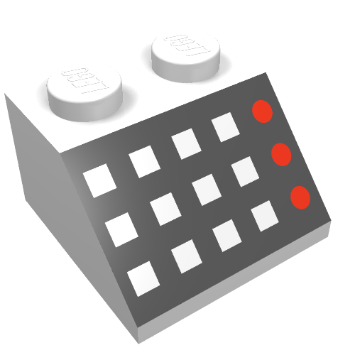 Lego Brick Sloped 45° 2 x 2 with 12 Buttons, 3 Red Lamps, Black Panel Print / White