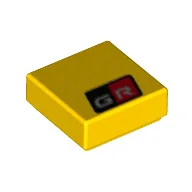 Tile 1 x 1 with Red/Black Square, 'GR' Print / Yellow