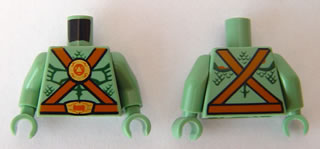 Lego Torso Alien with Muscles Outline, Scales, Belts and Medallion Pattern / Sand Green Arms / Sand Green Hands