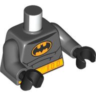 Lego Torso Bodysuit, Muscles, Batman Logo in Yellow Oval with Yellow Belt Front and Back Print, Dark Bluish Gray Arms, Black Hands / Dark Bluish Gray