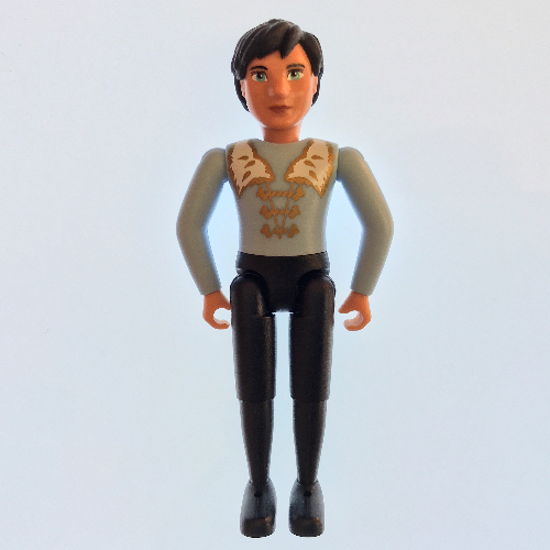 Lego Belville Figure Fixed Elbows, Male, Black Hair, Black Pants, Light Blue Shirt with White and Gold Fur Pattern on Shoulders and Gold Fastenings on Front / [No Color/Any Color]