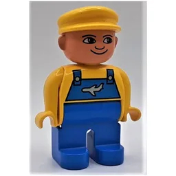 Duplo Figure, Early, with Flat Cap Yellow, Blue Legs, Blue Overalls with Airplane Print / Yellow