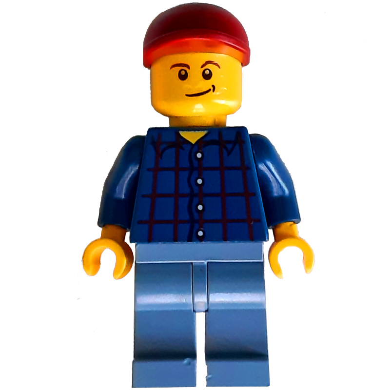 Lego Man, Dark Blue Plaid Shirt, Sand Blue Legs, Dark Red Cap