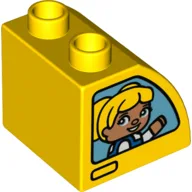 Duplo Brick 2 x 2 x 1 1/2 with Curved Top, Girl with Yellow Hair, Boy with Blue Baseball Cap Print / Yellow