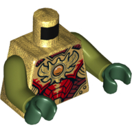 Lego Torso Armor, Red, Dark Red, and Gold Plates with Orange Jewel 'Chi' Print, Olive Green Arms, Dark Green Hands / Pearl Gold