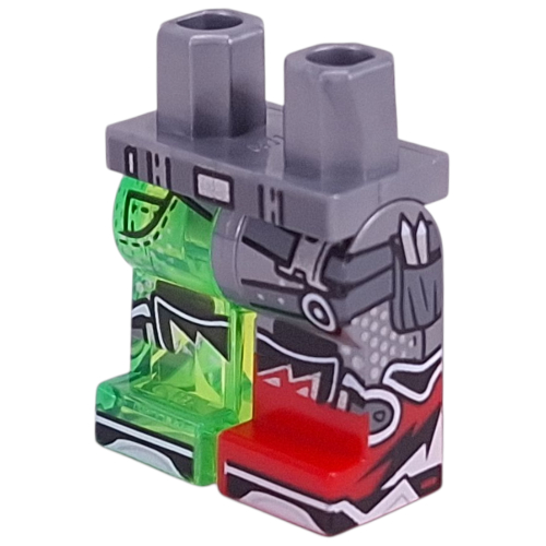 Lego Hips with Flat Silver Leg and Red Left Boot Pattern, Trans-Bright Green Right Leg with Belt, Straps, Black Boots print / Flat Silver