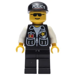 Policeman, Black Vest with Badge and Pockets, Black Cap with 'POLICE', Sunglasses