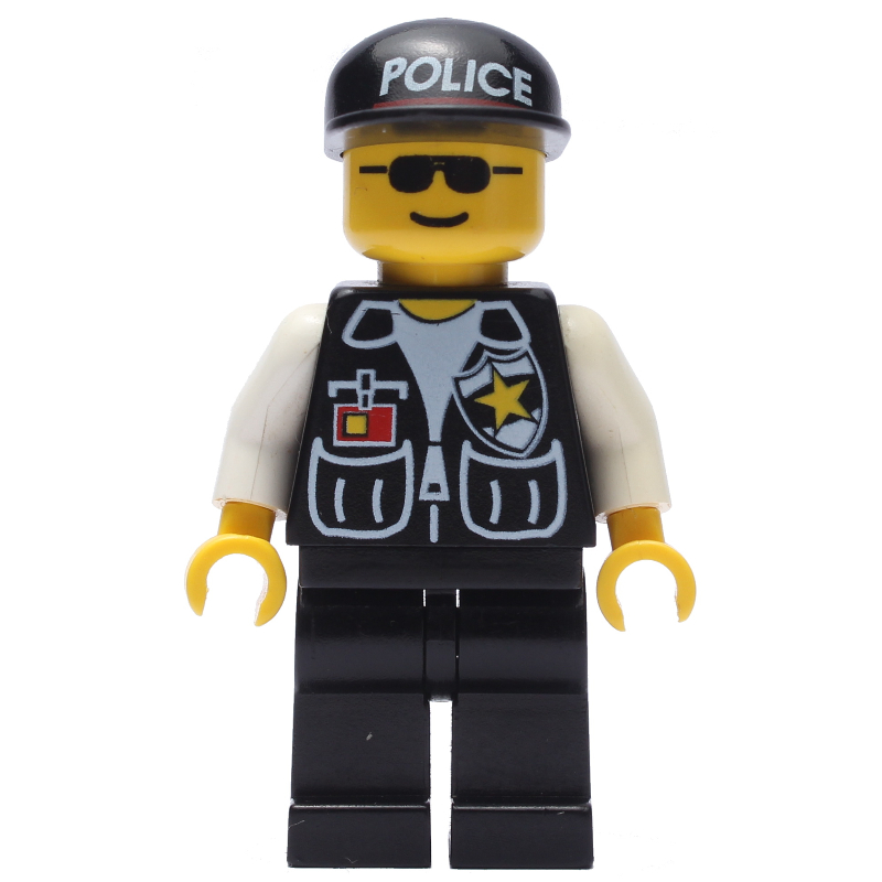 Lego Policeman, Black Vest with Badge and Pockets, Black Cap with 'POLICE', Sunglasses