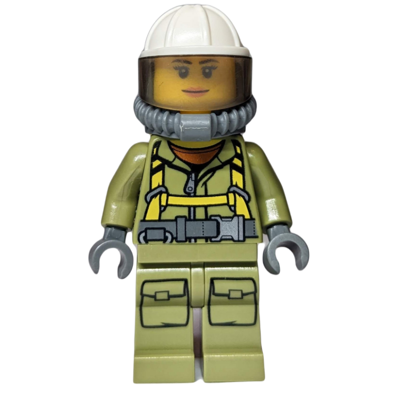 Lego Volcano Explorer, Woman, Olive Green Jumpsuit with Straps, White Hard Hat with Visor, Breathing Apparatus, Airtanks