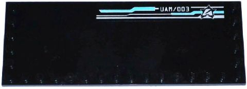 Lego Tile, Modified 6 x 16 with Studs on Edges with Silver and Medium Azure Lines Pattern, 'UAM/003' and Ultra Agents Logo Pattern Model Left Side (Sticker) - Set 70173