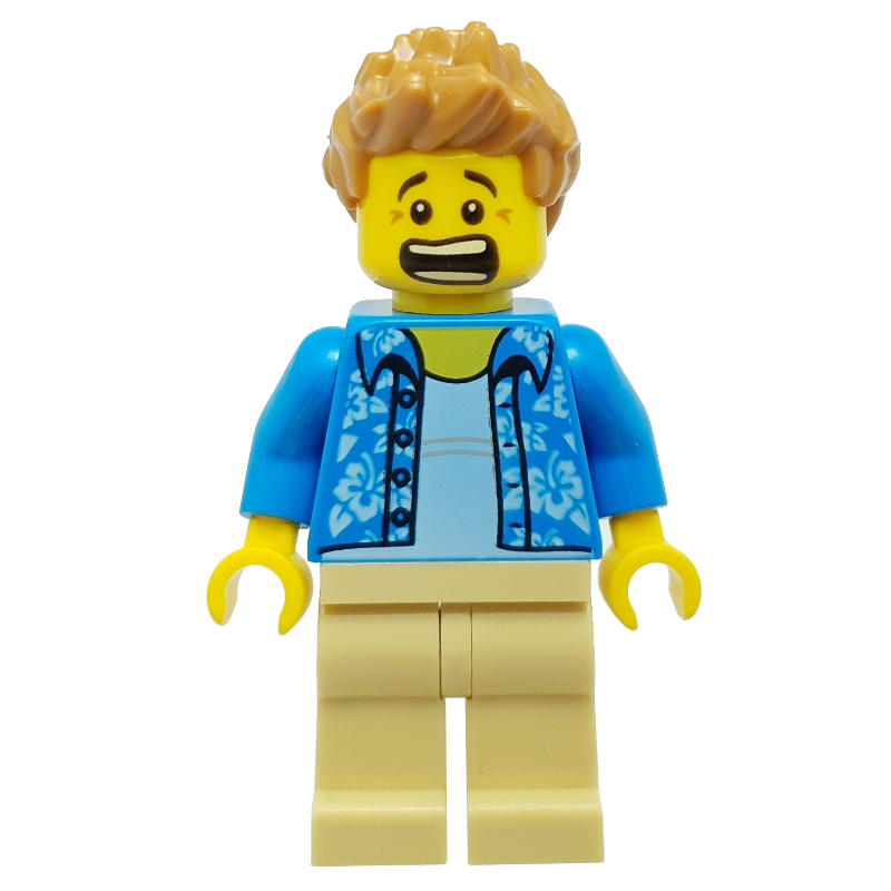 Lego Dark Azure Torso, Tan Legs, Medium Nougat Hair