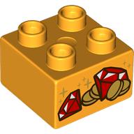 Lego Duplo Brick 2 x 2 with Coins and Red Gems (Jewels) Print / Bright Light Orange