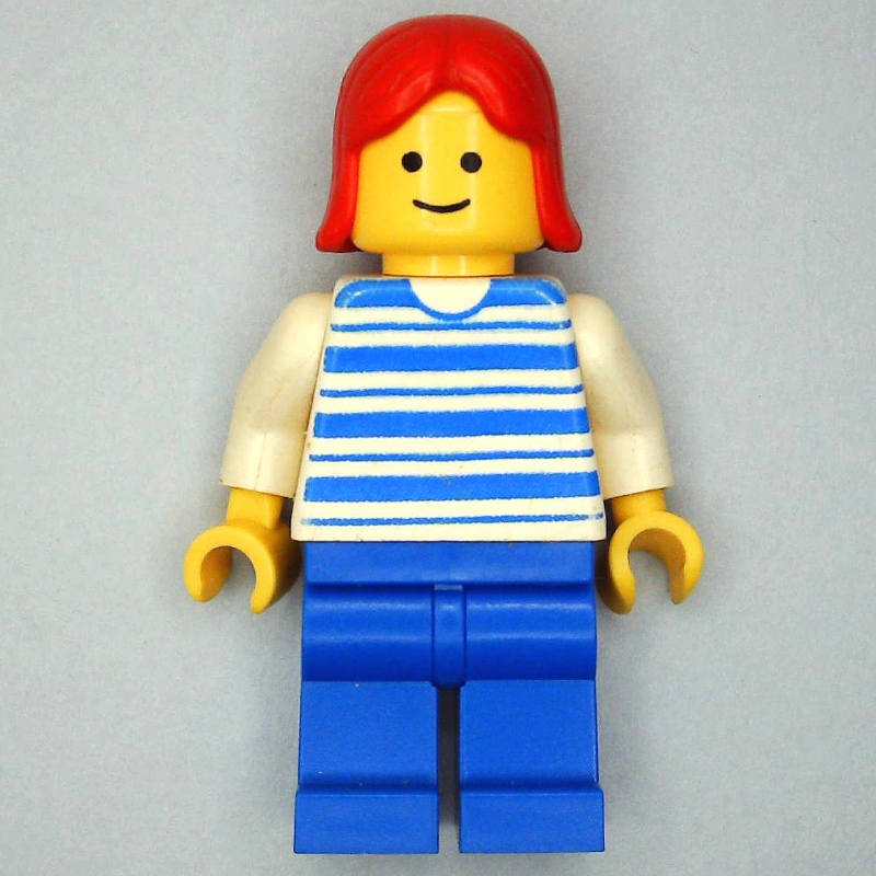 Lego Woman, Blue and White Stripe Shirt, Blue Legs, Red Hair