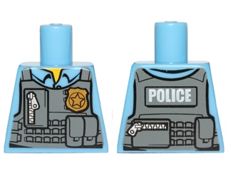 Lego Torso Police Shirt with Dark Bluish Gray Vest, Gold Badge, Zipper and White 'POLICE' Pattern on Back