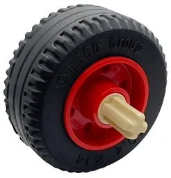 Wheel 18mm D. x 14mm with Pin Hole, Fake Bolts and Shallow Spokes with Black Tire 30.4 x 14 Solid and Tan Technic, Axle 1L with Pin without Friction Ridges with Round Hole (55981 / 58090 / 3749) / Red