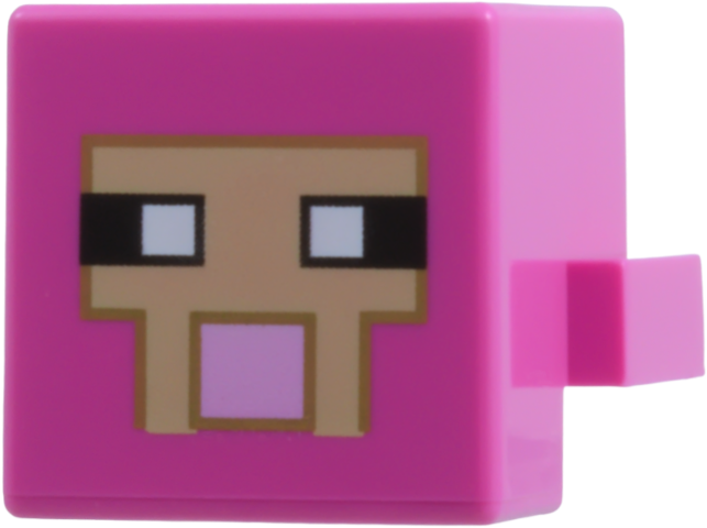 Lego Creature Head Pixelated with Black and White Eyes, Bright Pink Nose, and Tan Face with Dark Tan Outlines Pattern